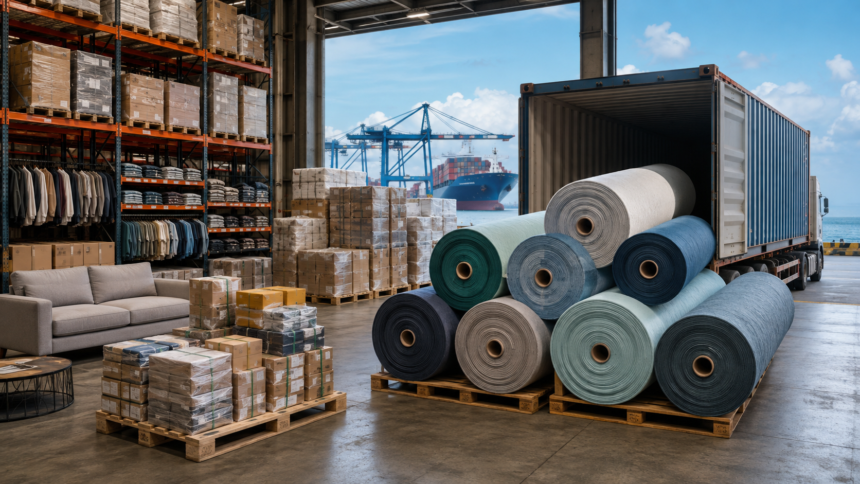 Textile rolls, apparel, furniture and mixed wholesale goods — availability varies by lot